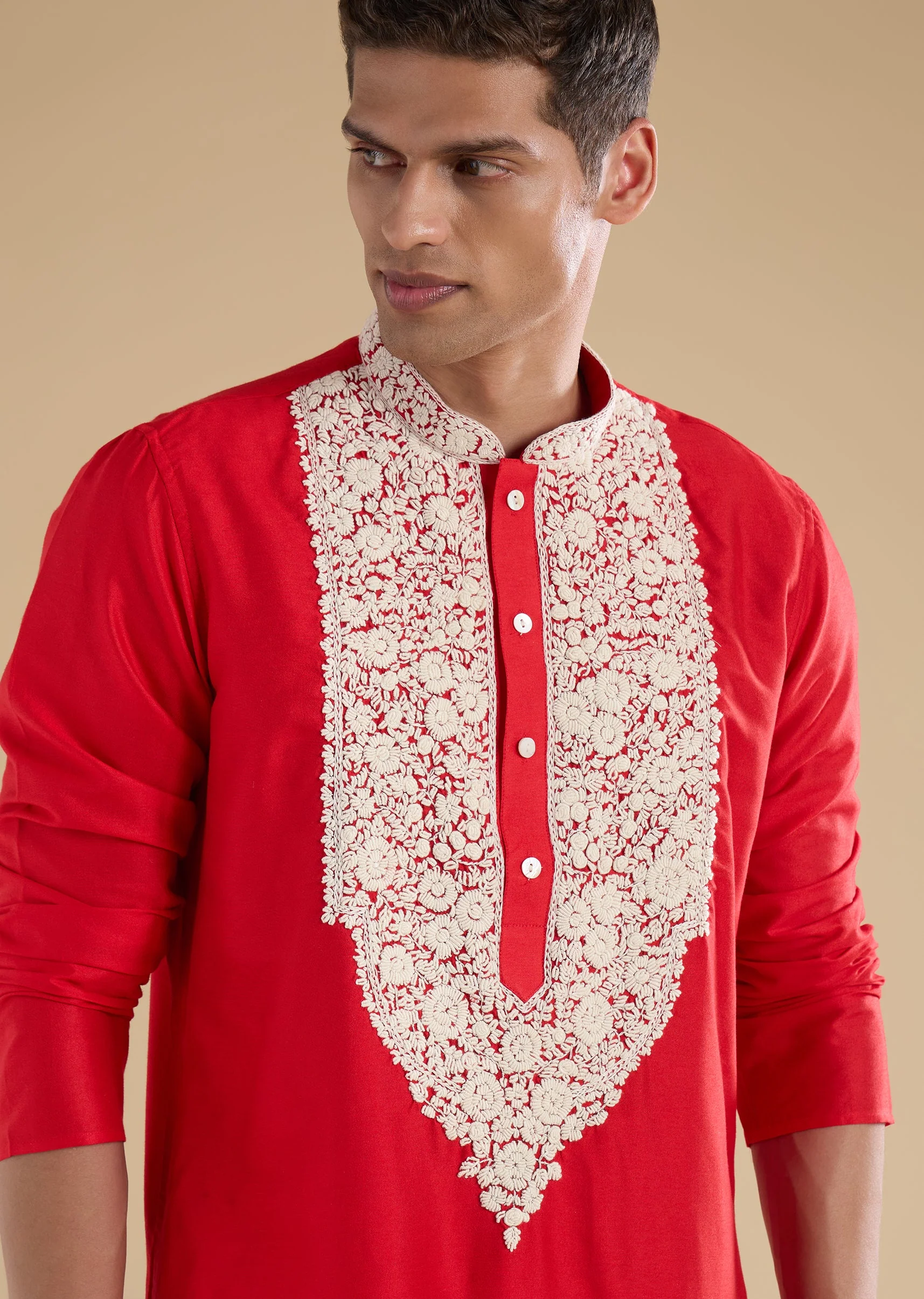 Red Banarasi Silk Embroidered Kurta Set