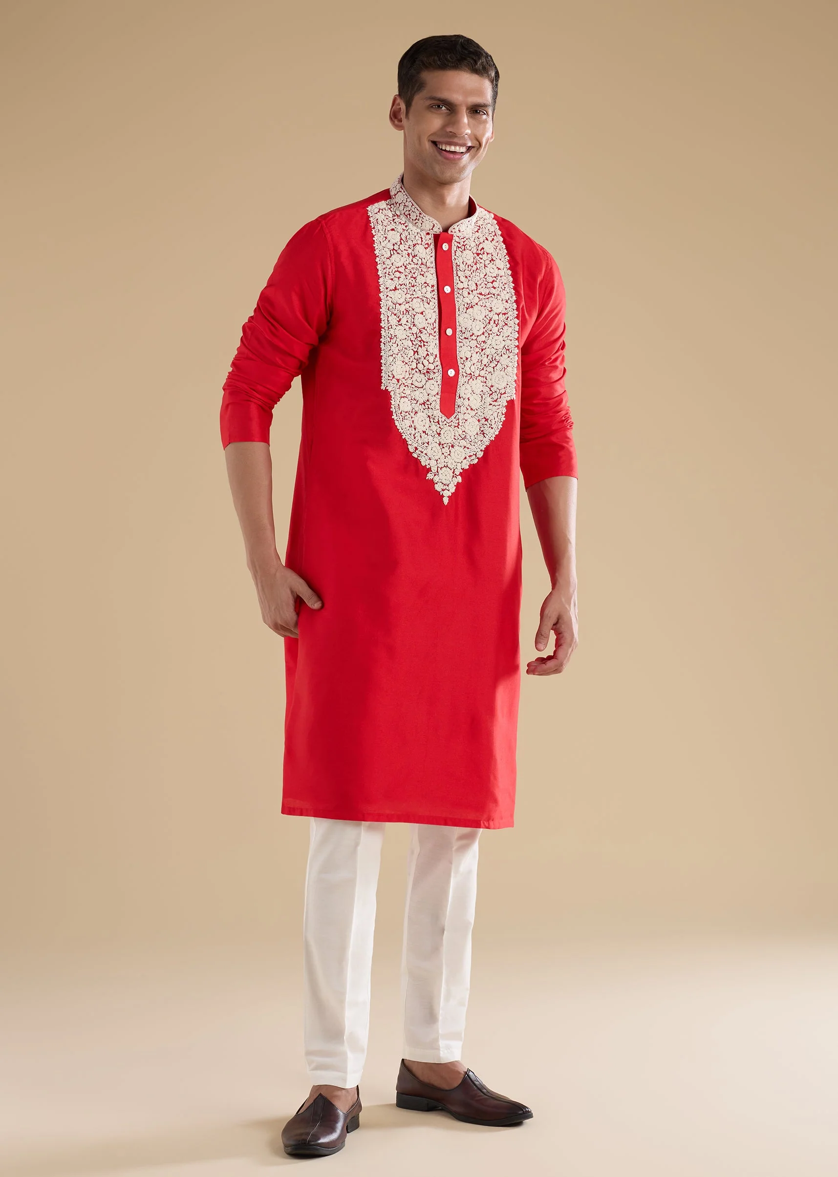 Red Banarasi Silk Embroidered Kurta Set