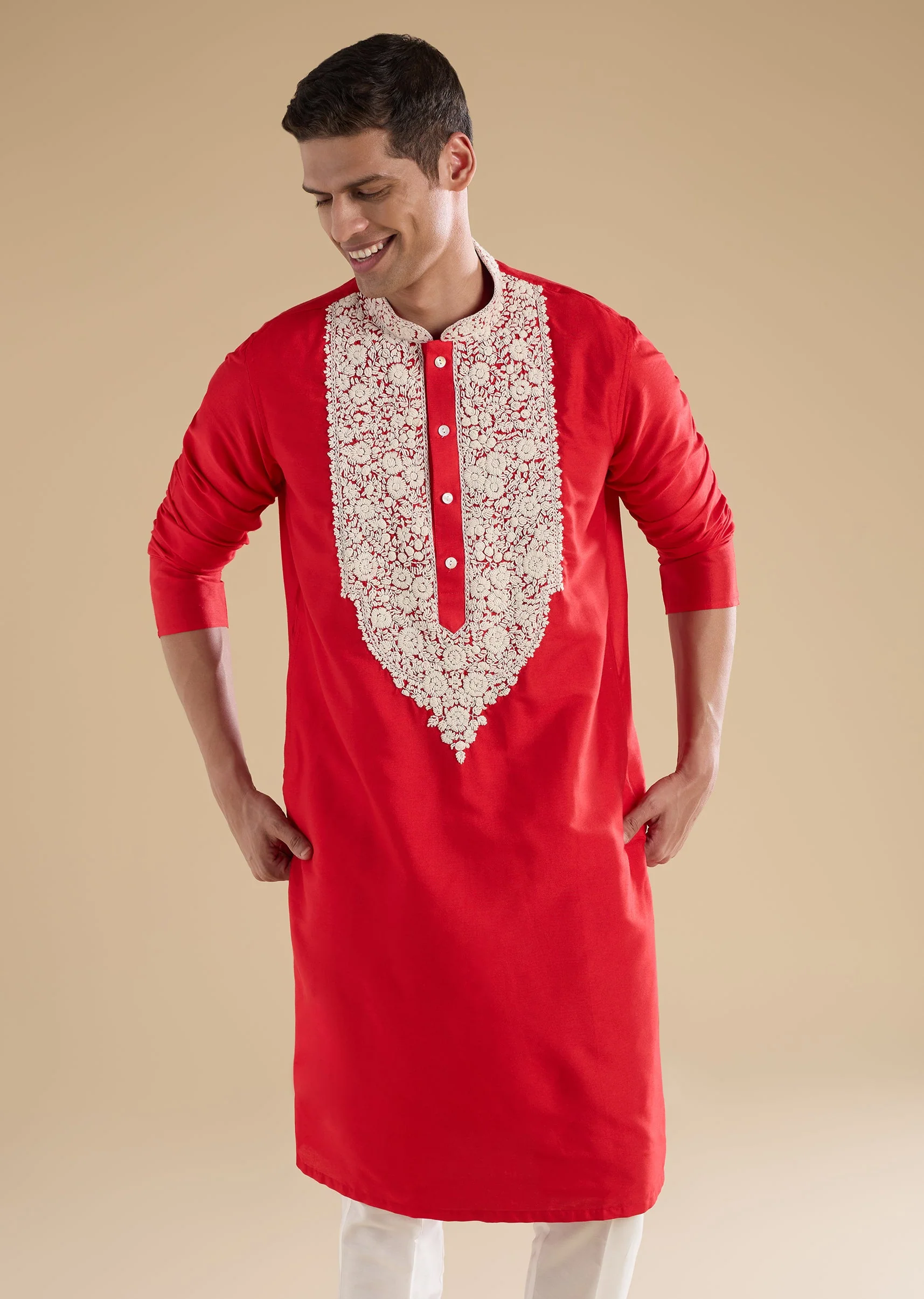 Red Banarasi Silk Embroidered Kurta Set