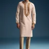Beige Silk Kurta Set For Men With Resham Hand Embroidery