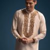 Beige Silk Kurta Set For Men With Resham Hand Embroidery