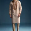 Beige Silk Kurta Set For Men With Resham Hand Embroidery