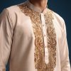 Beige Silk Kurta Set For Men With Resham Hand Embroidery