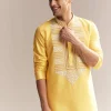 Yellow Silk Kurta Set For Men With Kashmiri Hand Work