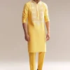 Yellow Silk Kurta Set For Men With Kashmiri Hand Work
