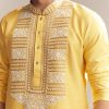 Yellow Silk Kurta Set For Men With Kashmiri Hand Work