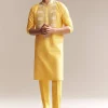Yellow Silk Kurta Set For Men With Kashmiri Hand Work
