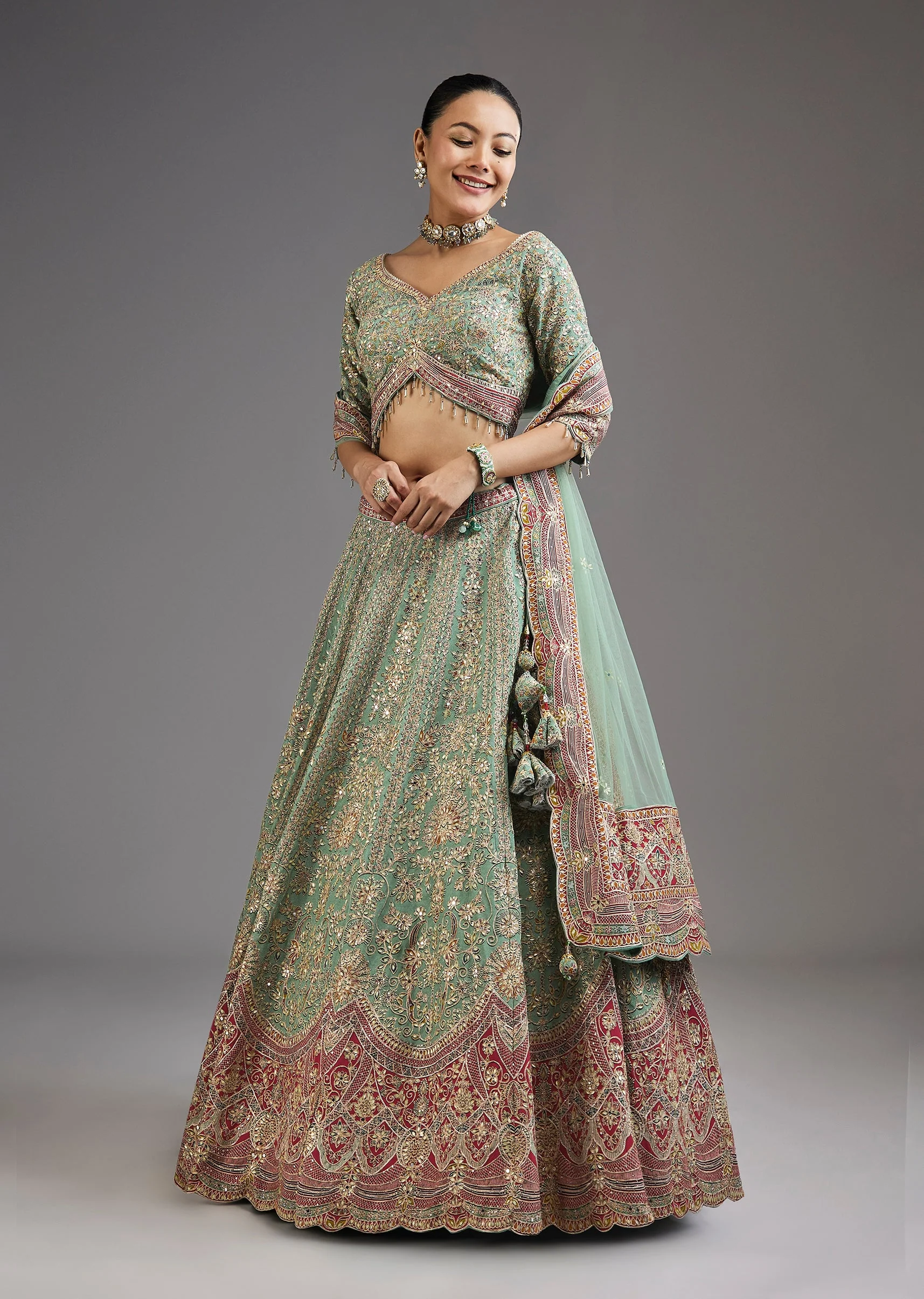 2182-green-printed-lehenga-with-mirror-shine-and-zari-detail-1.webp Green Printed Lehenga With Mirror Shine And Zari Detail