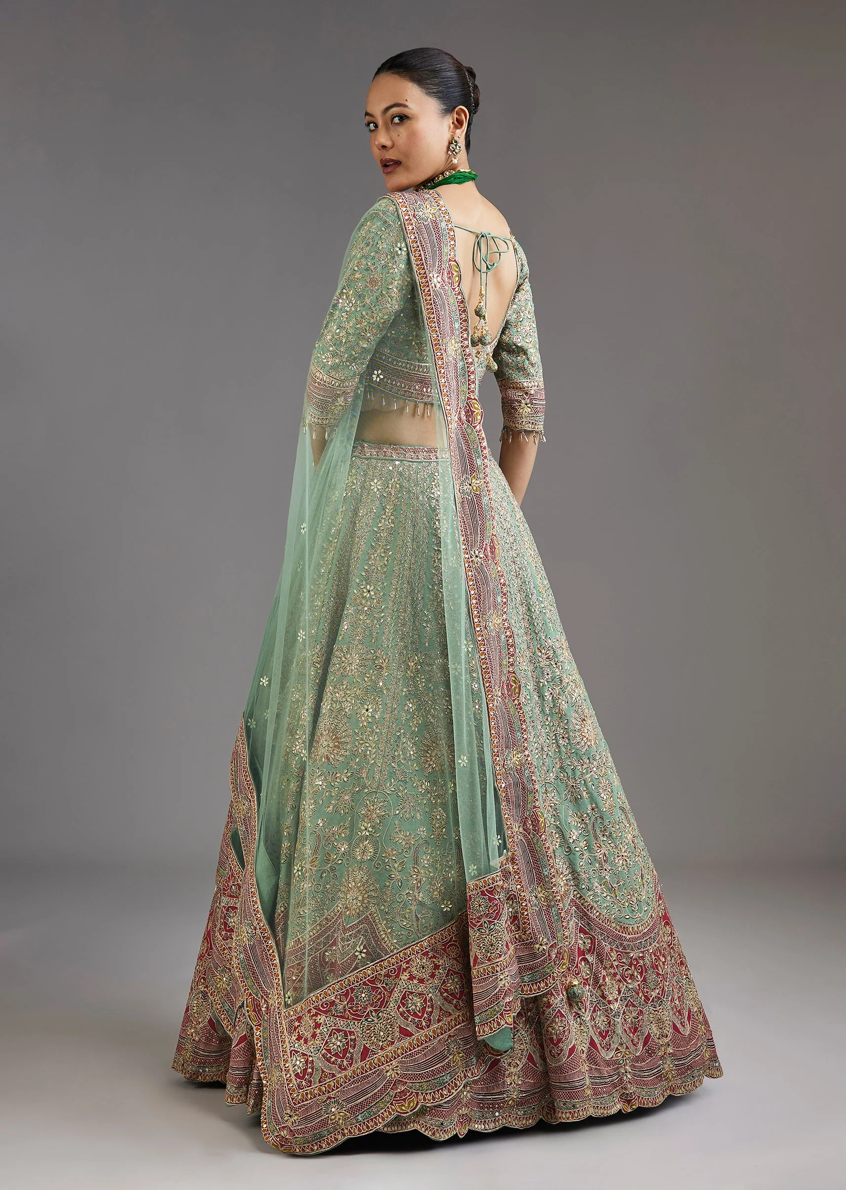 Green Printed Lehenga With Mirror Shine And Zari Detail