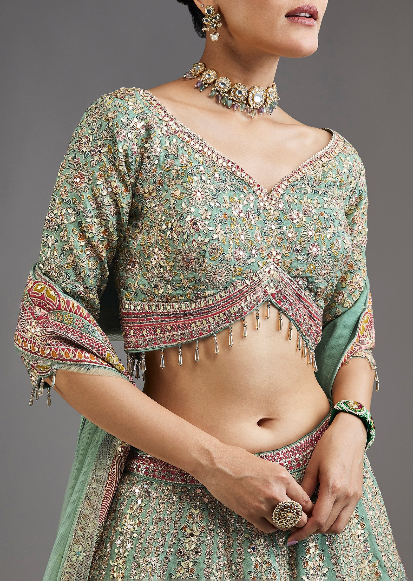 Green Printed Lehenga With Mirror Shine And Zari Detail