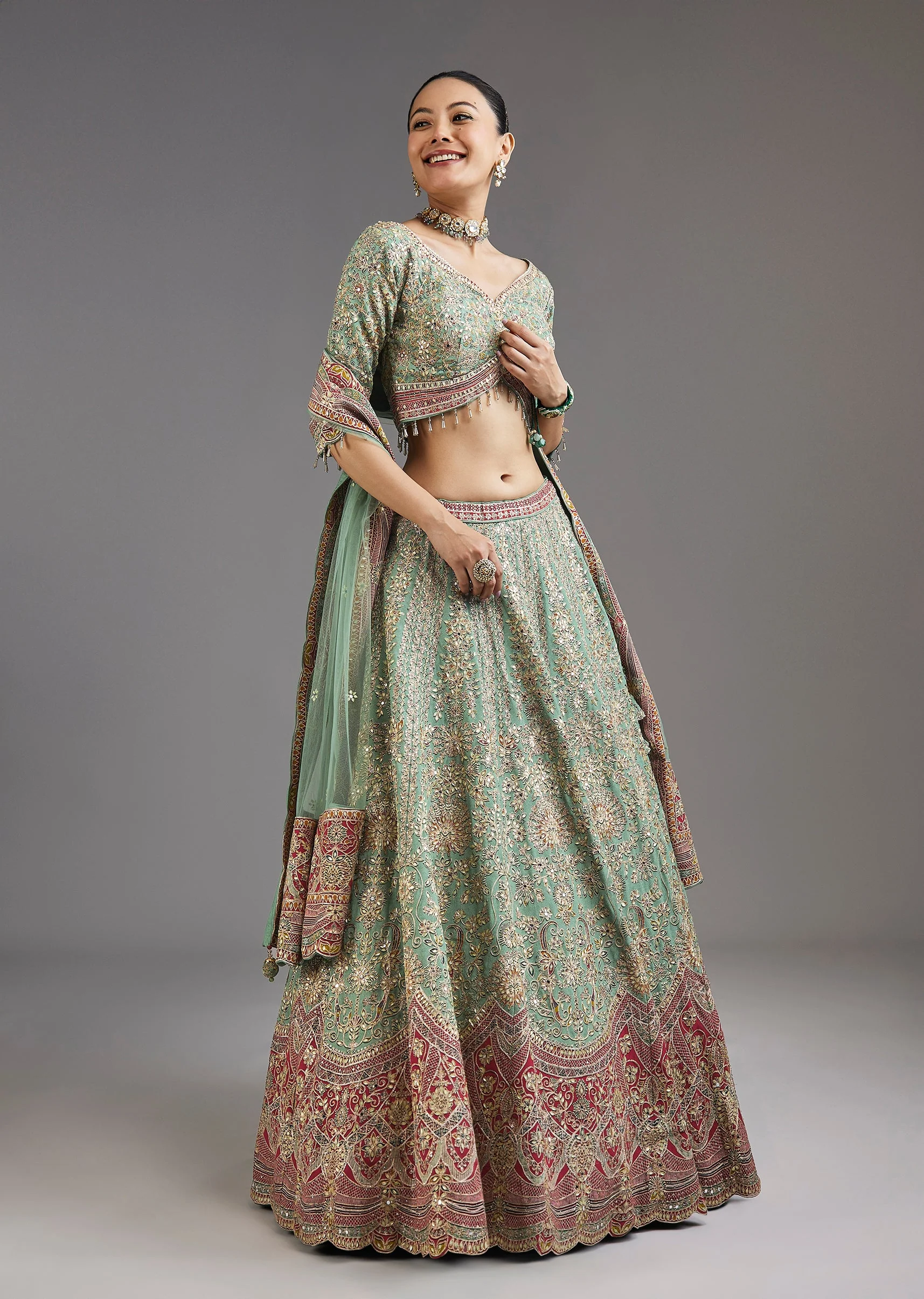 Green Printed Lehenga With Mirror Shine And Zari Detail