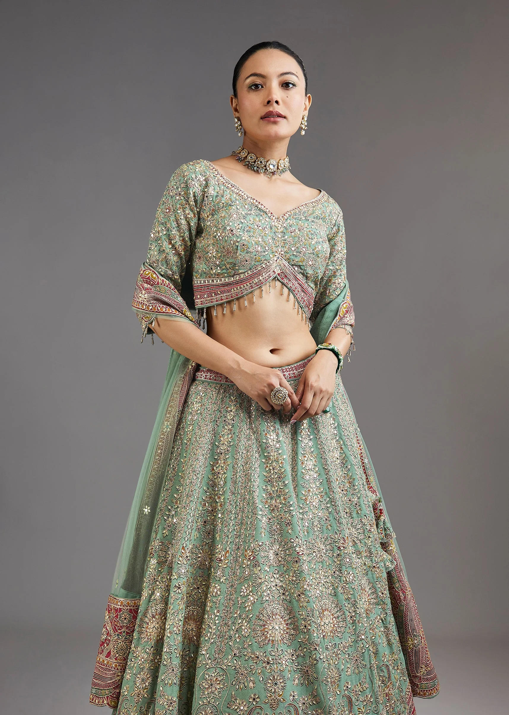 Green Printed Lehenga With Mirror Shine And Zari Detail