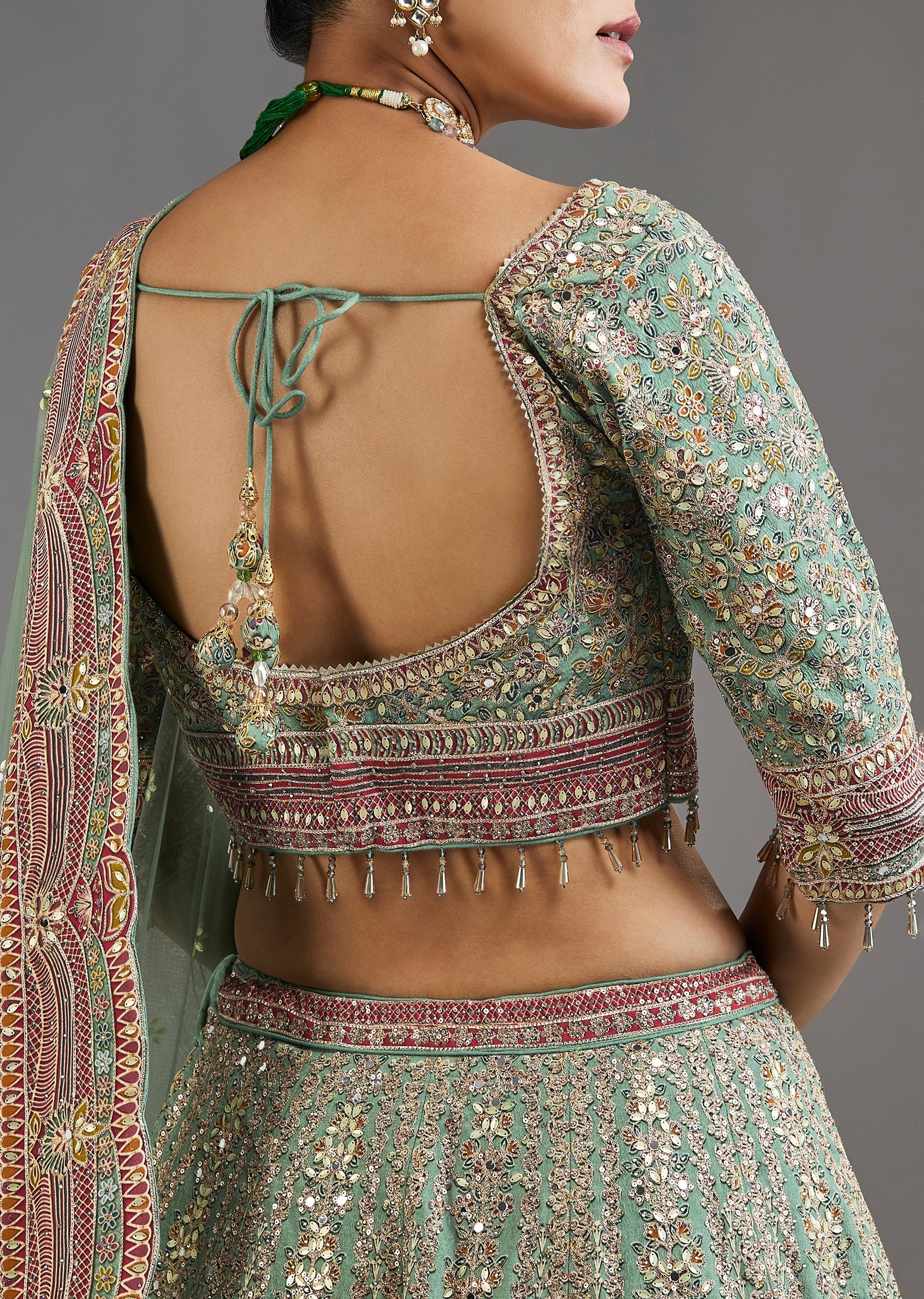 Green Printed Lehenga With Mirror Shine And Zari Detail