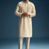 Beige Silk Kurta Set For Men With Kashmiri Hand Work