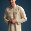 Beige Silk Kurta Set For Men With Kashmiri Hand Work