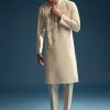 Beige Silk Kurta Set For Men With Kashmiri Hand Work