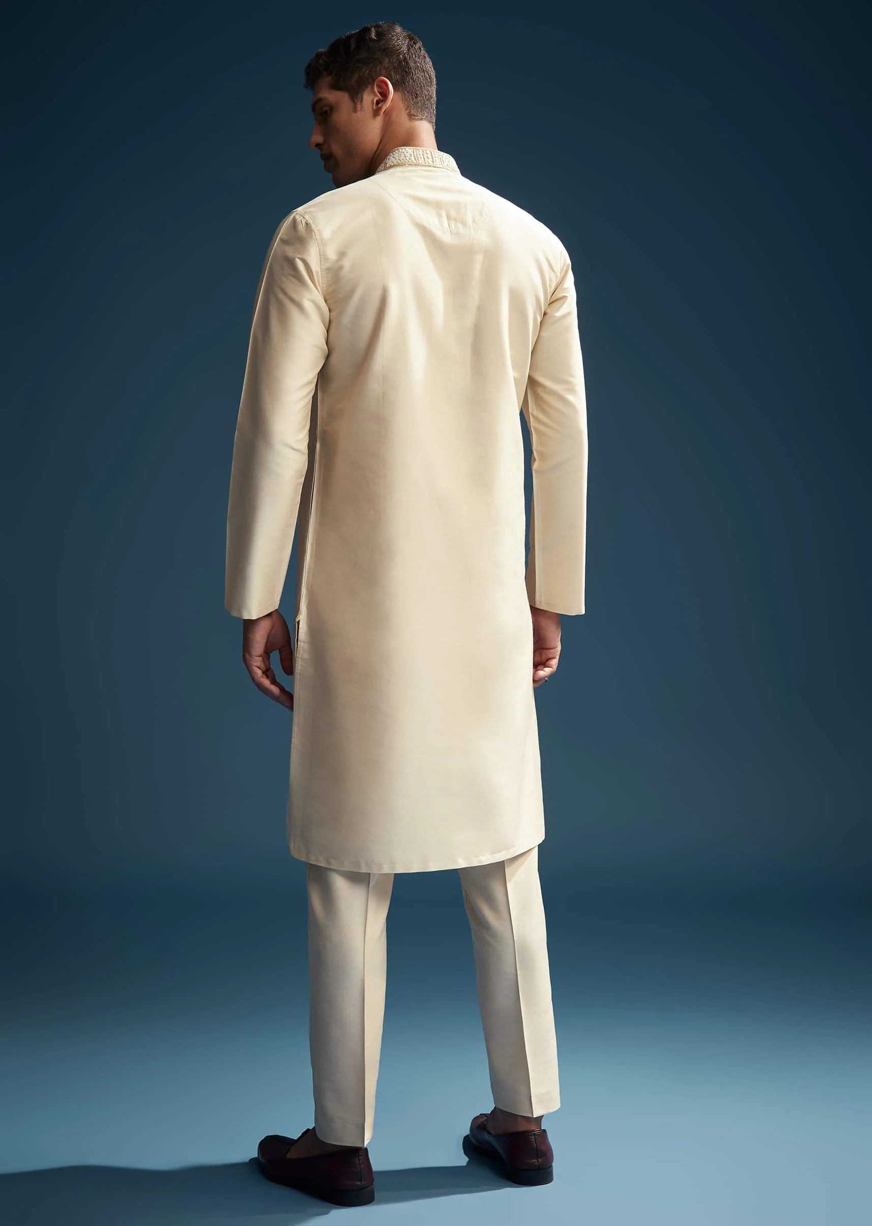 Beige Silk Kurta Set For Men With Kashmiri Hand Work