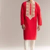 Red Silk Kurta Set For Men With Kashmiri Hand Work