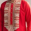 Red Silk Kurta Set For Men With Kashmiri Hand Work
