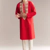 Red Silk Kurta Set For Men With Kashmiri Hand Work