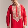 Red Silk Kurta Set For Men With Kashmiri Hand Work