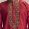 Red Silk Kurta Set For Men With Aari And Resham Knots