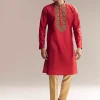 Red Silk Kurta Set For Men With Aari And Resham Knots