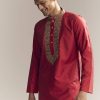 Red Silk Kurta Set For Men With Aari And Resham Knots
