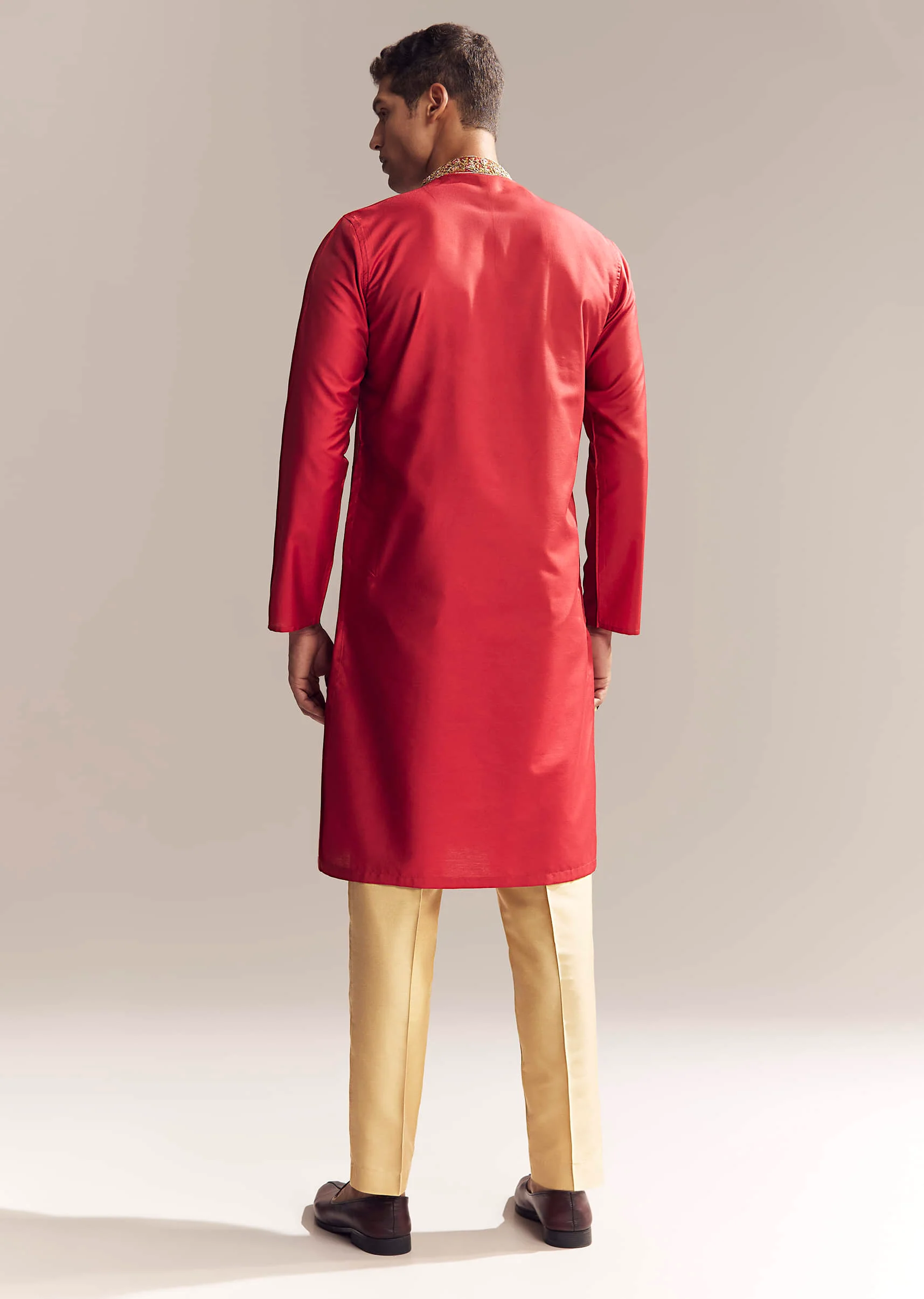 Red Silk Kurta Set For Men With Aari And Resham Knots