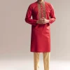 Red Silk Kurta Set For Men With Aari And Resham Knots