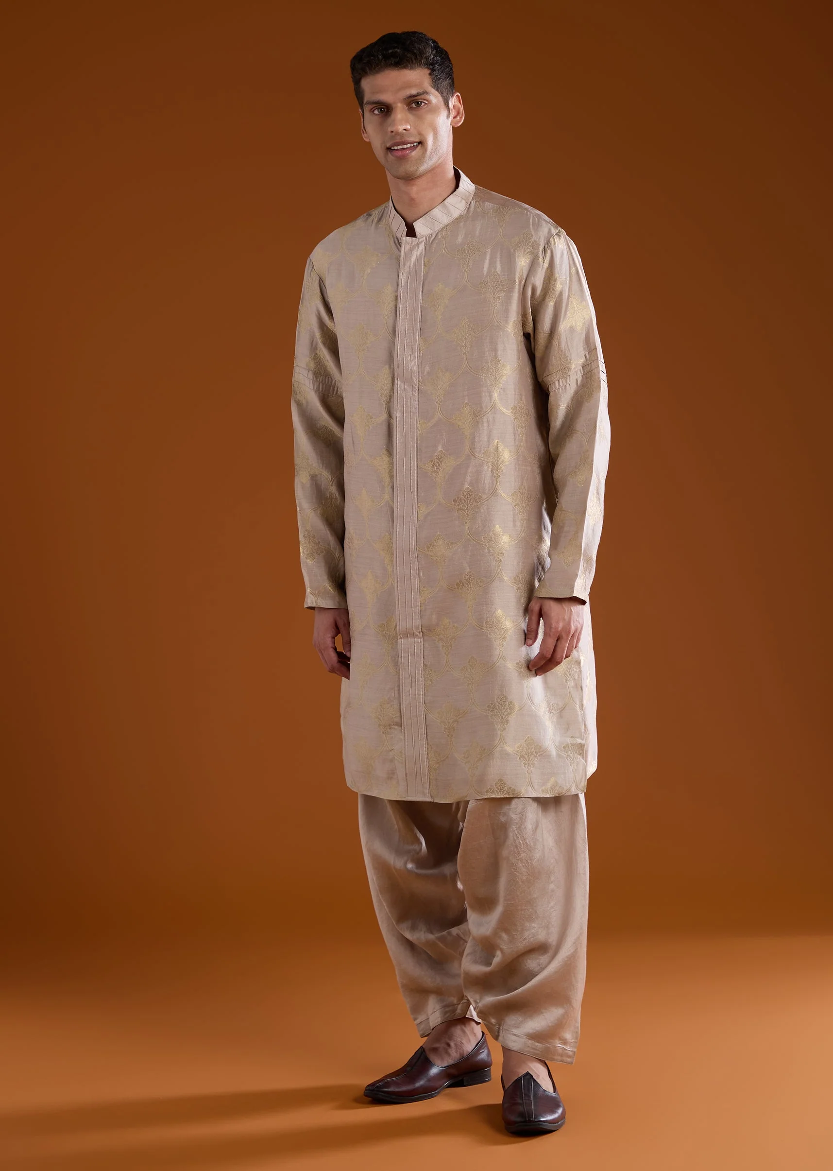 21847-brown-banarasi-silk-mens-kurta-pant-set-1.webp Brown Banarasi Silk Mens Kurta Pant Set