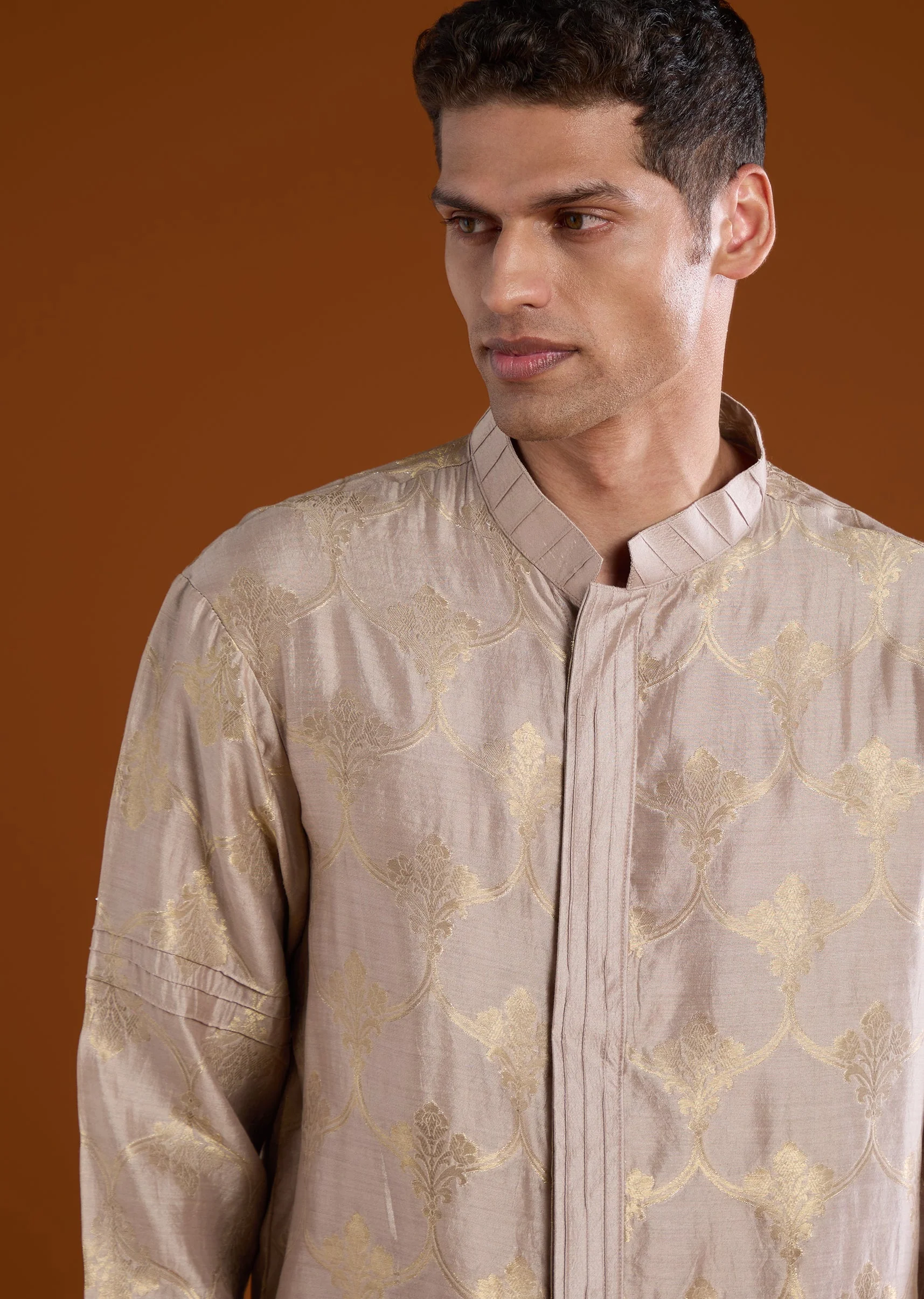 Brown Banarasi Silk Mens Kurta Pant Set