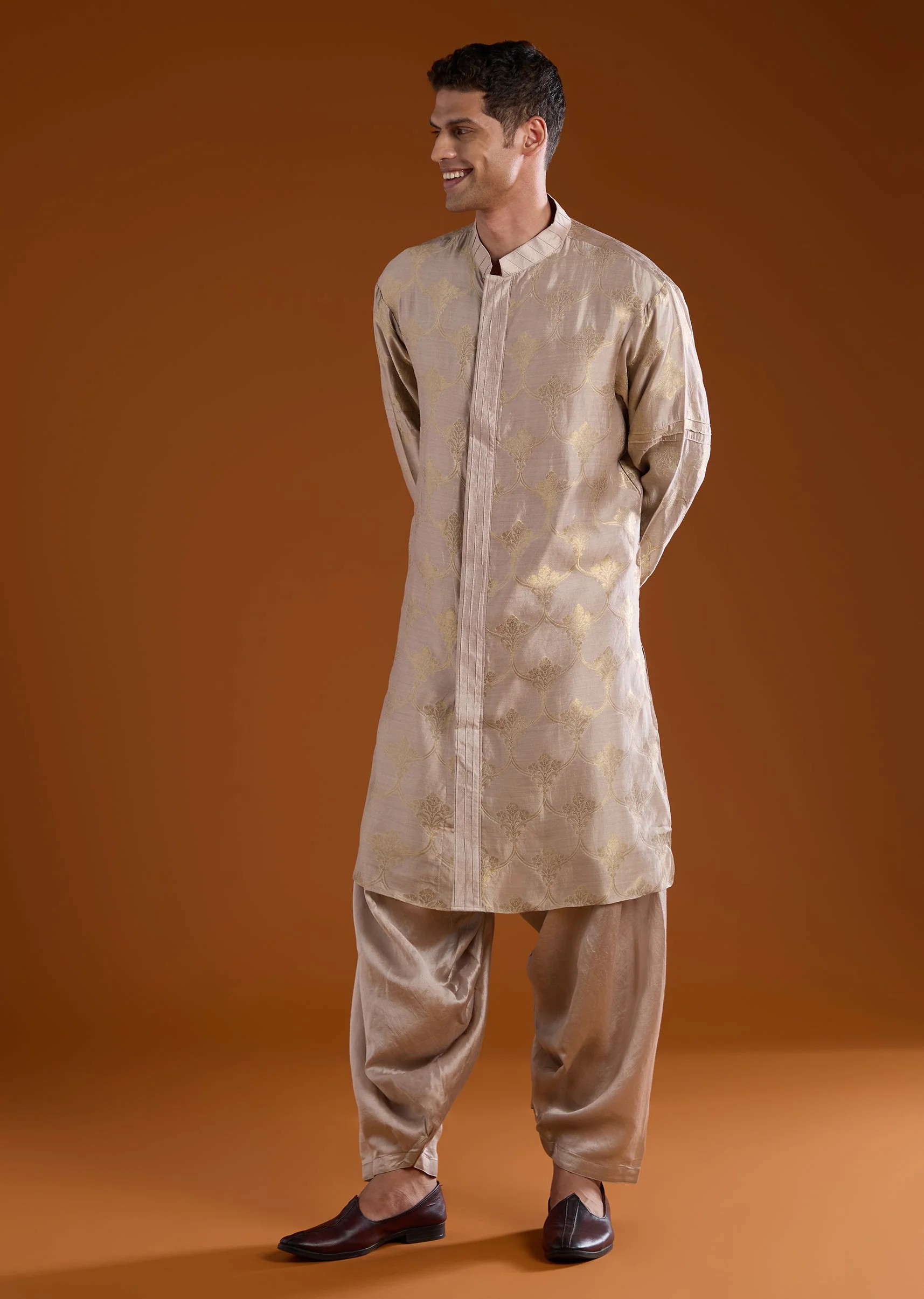 Brown Banarasi Silk Mens Kurta Pant Set