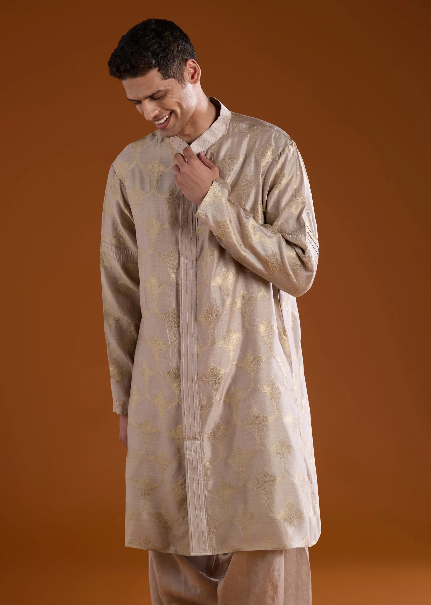Brown Banarasi Silk Mens Kurta Pant Set