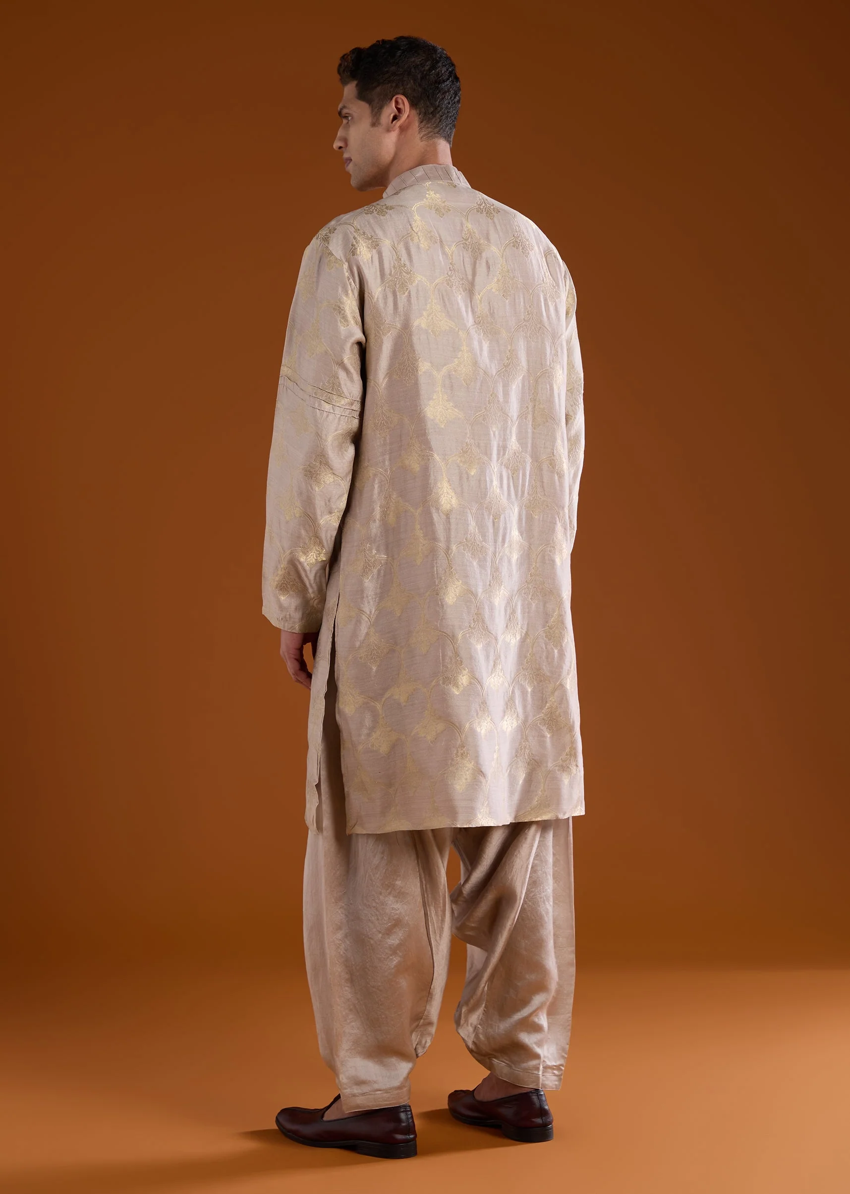 Brown Banarasi Silk Mens Kurta Pant Set