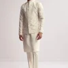 Cream Silk Kurta Jacket Set For Men With Floral Hand Embroidery
