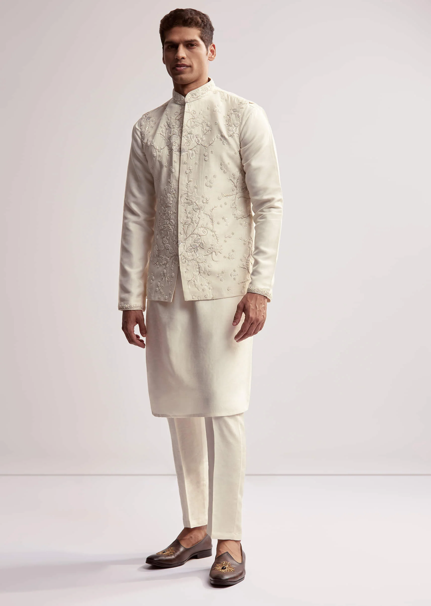 21856-cream-silk-kurta-jacket-set-for-men-with-floral-hand-embroidery-1.webp Cream Silk Kurta Jacket Set For Men With Floral Hand Embroidery