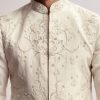 Cream Silk Kurta Jacket Set For Men With Floral Hand Embroidery