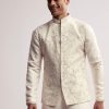 Cream Silk Kurta Jacket Set For Men With Floral Hand Embroidery