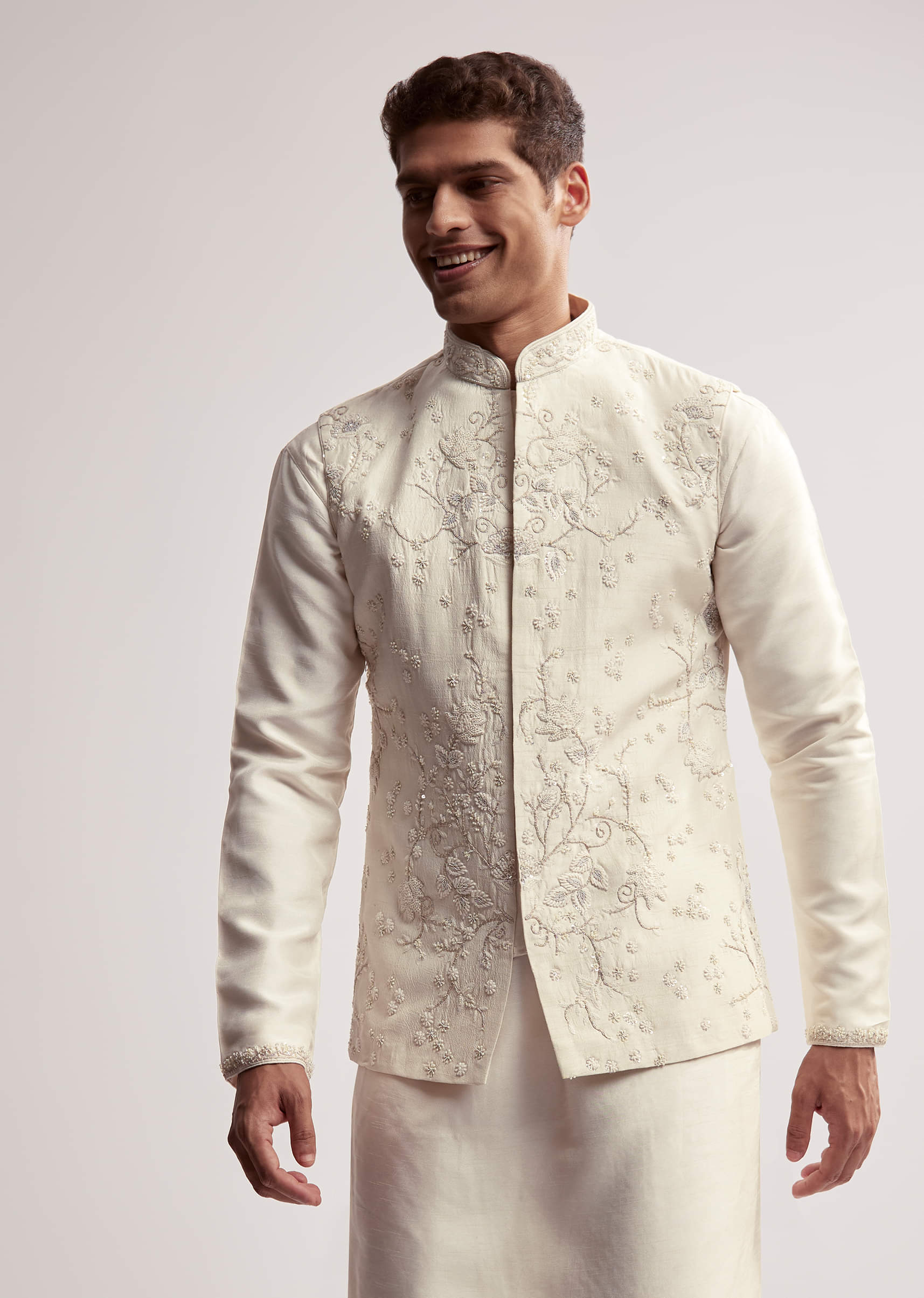 Cream Silk Kurta Jacket Set For Men With Floral Hand Embroidery