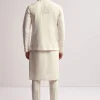 Cream Silk Kurta Jacket Set For Men With Floral Hand Embroidery