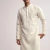 Cream Silk Kurta Jacket Set For Men With Floral Hand Embroidery
