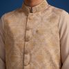 Gold Beige Banarasi Silk Kurta Jacket Set With Self Work