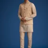 Gold Beige Banarasi Silk Kurta Jacket Set With Self Work
