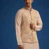 Gold Beige Banarasi Silk Kurta Jacket Set With Self Work