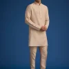 Gold Beige Banarasi Silk Kurta Jacket Set With Self Work