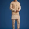 Gold Beige Banarasi Silk Kurta Jacket Set With Self Work