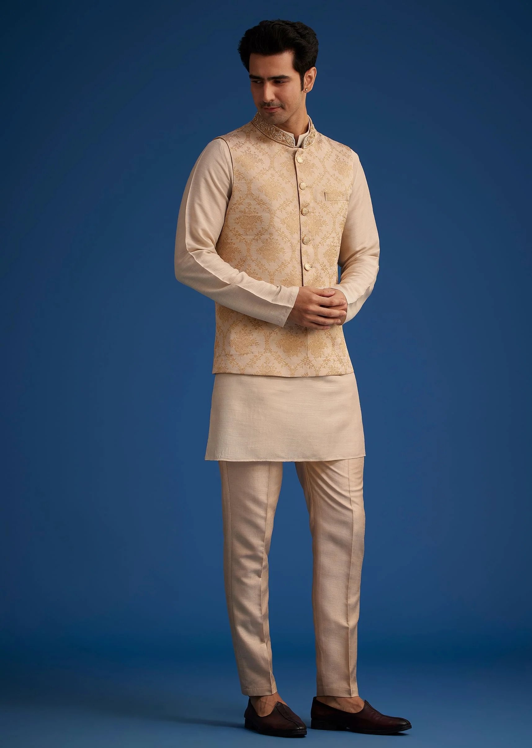 21866-36-36-variation-1.webp Gold Beige Banarasi Silk Kurta Jacket Set With Self Work