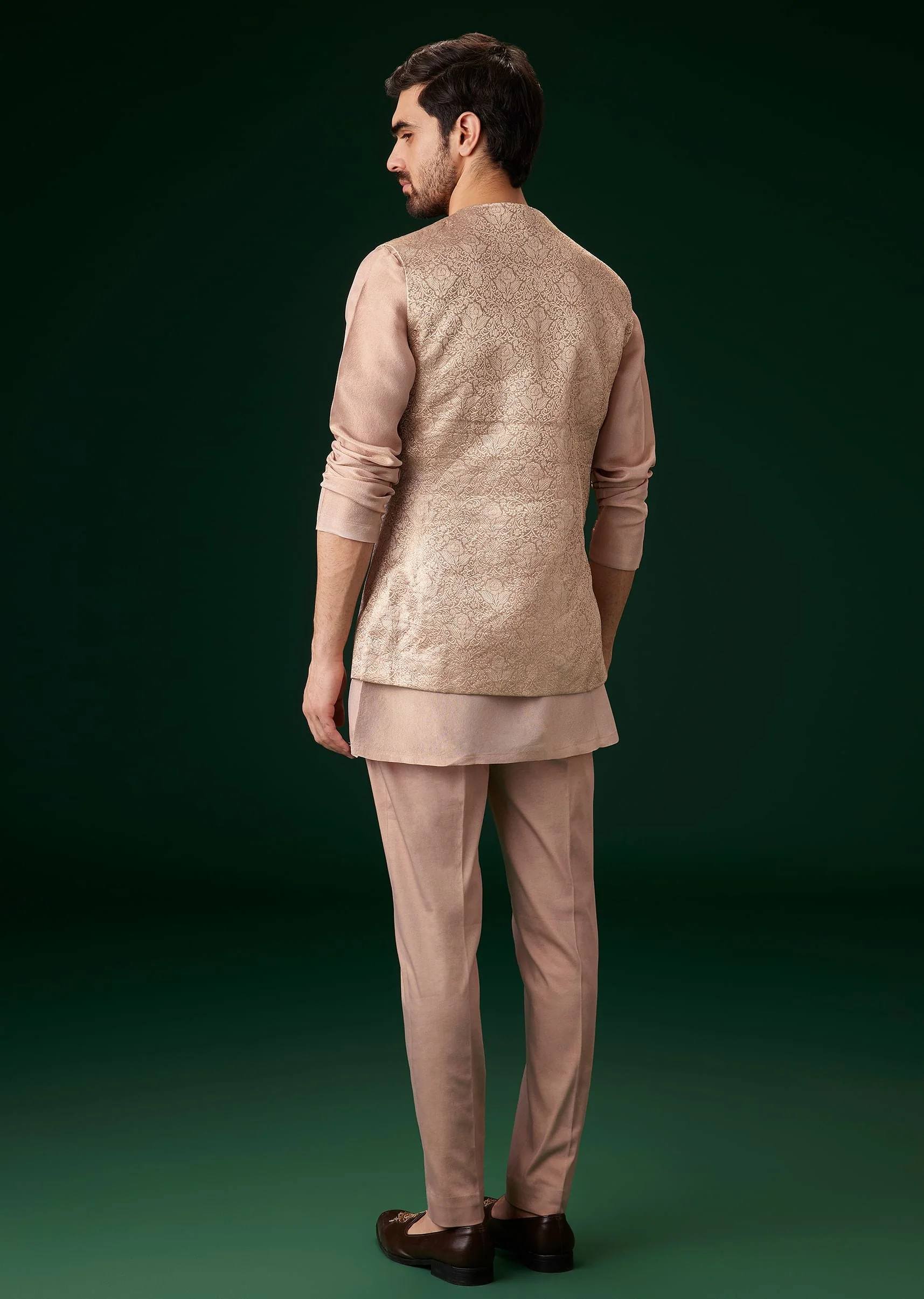 Peach Banarasi Silk Kurta Jacket Set