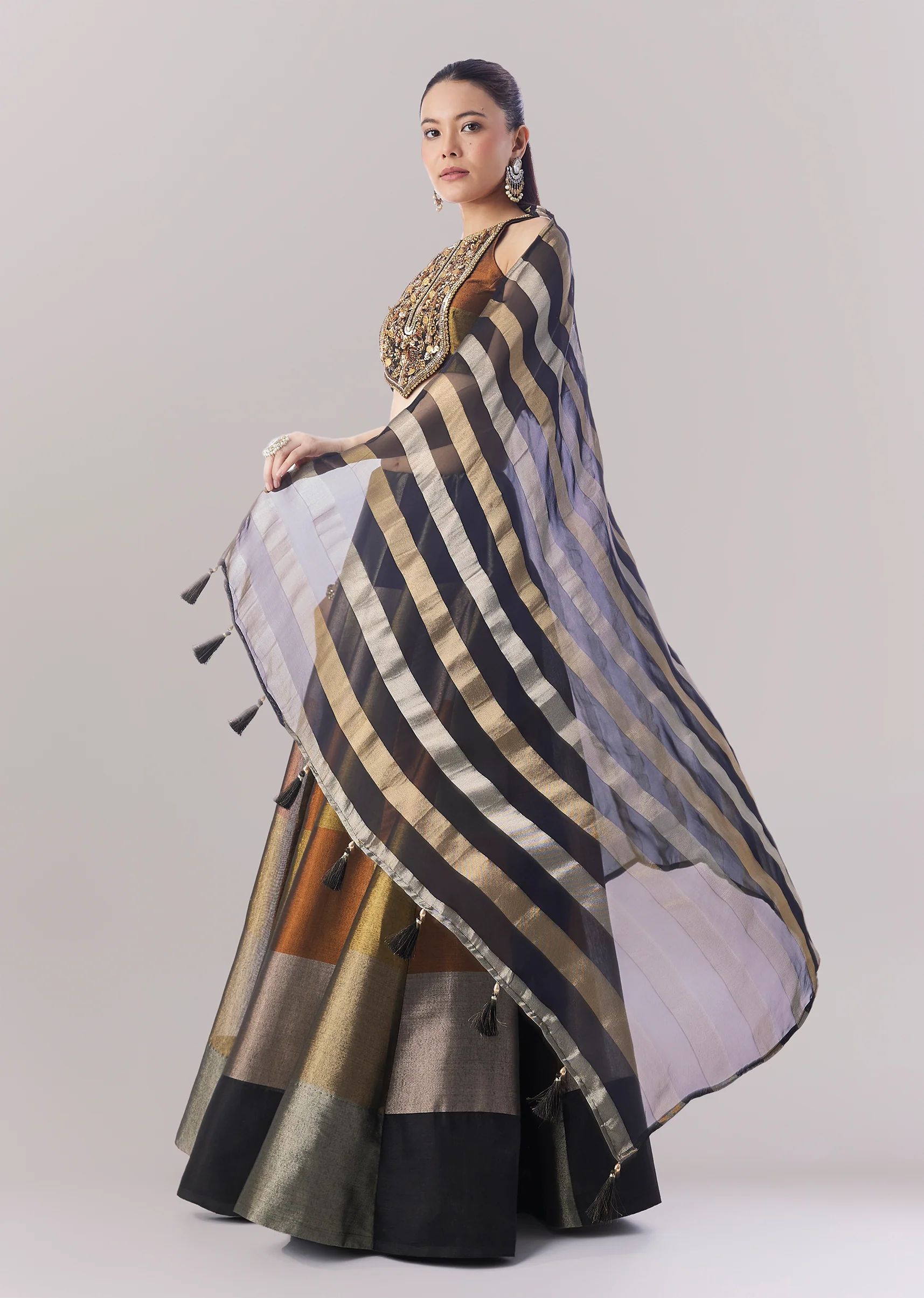 Black Colourblocked Lehenga With Sequins And Bead Work Choli